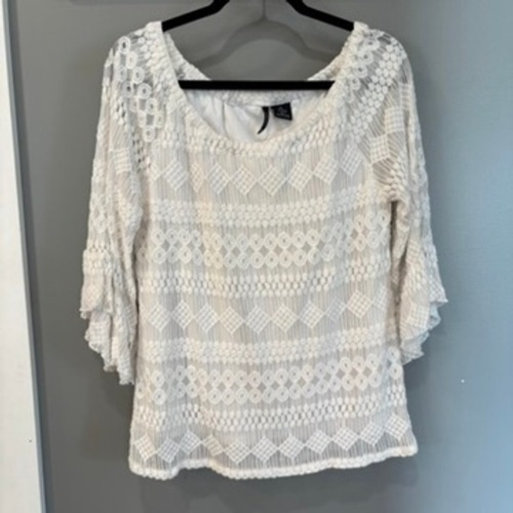 New‎ Directions White Crochet Lace Bell Sleeve Blouse Petite Large LP Boho Lined